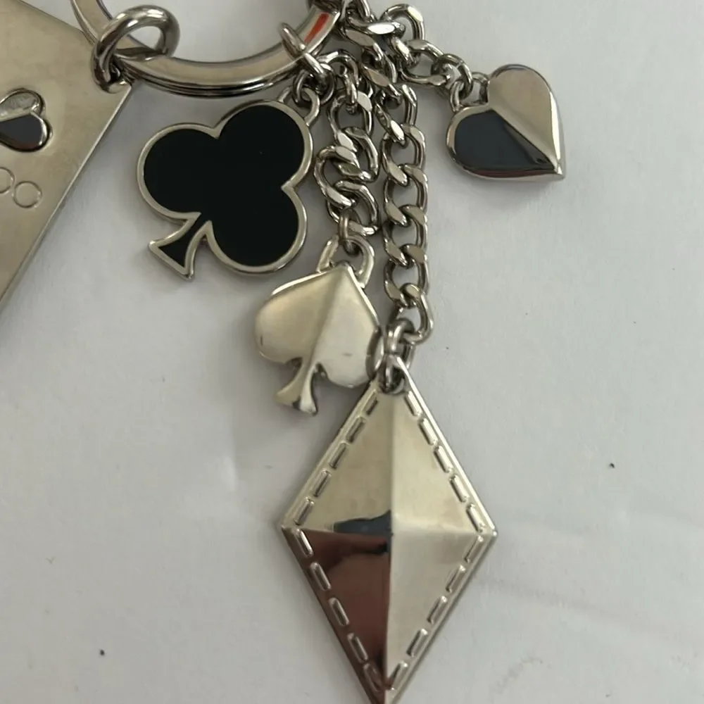 NWOT Jimmy Choo Key Chain Bag Charm Silver Queen Of Hearts Poker Themed